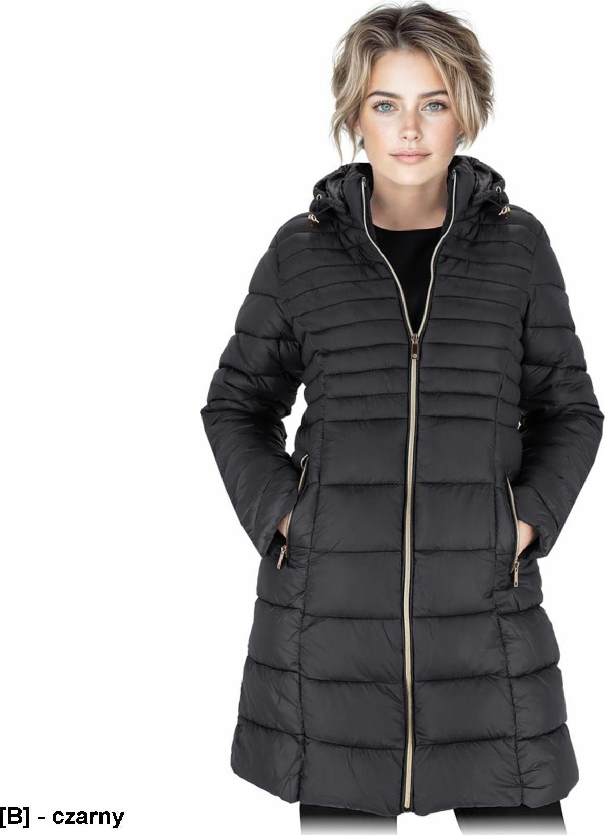 GRITA - Pikowana kurtka ochronna ocieplana damska zamek błyskawiczny stójka odsuwany kaptur ściągany troczki dwie kieszenie tkanina 100% nylon 37g/m2