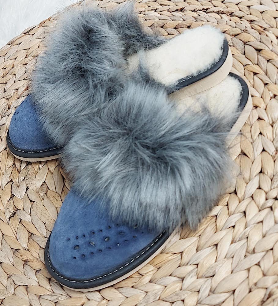 Pantofelek24 Skórzane ocieplane kapcie damskie Granatowe C1-1 9942 S197/ 42