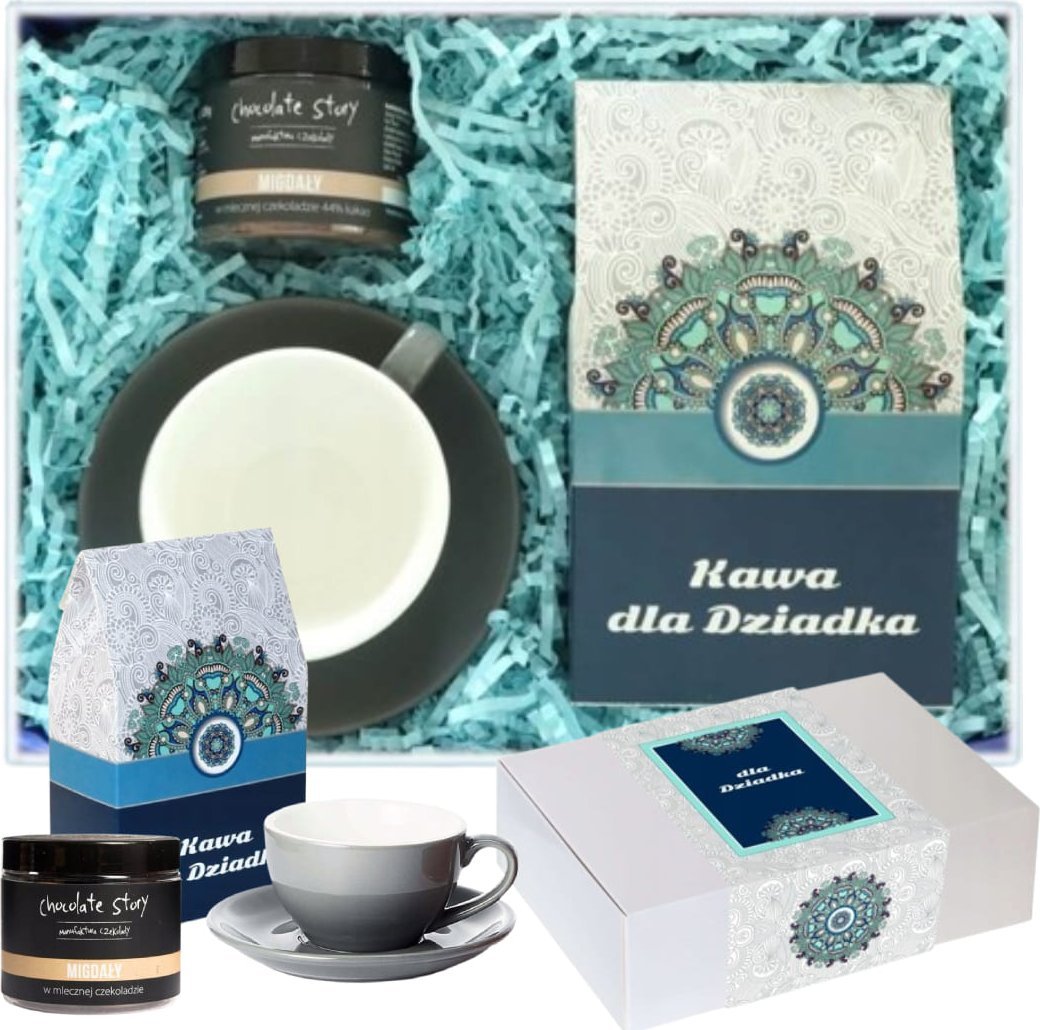 Cup&You Zestaw prezentowy dla dziadka. Zestaw 10 kaw mielonych, szara filiżanka ze spodkiem, migdały w czekoladzie mlecznej. Prezent upominek na Dzień