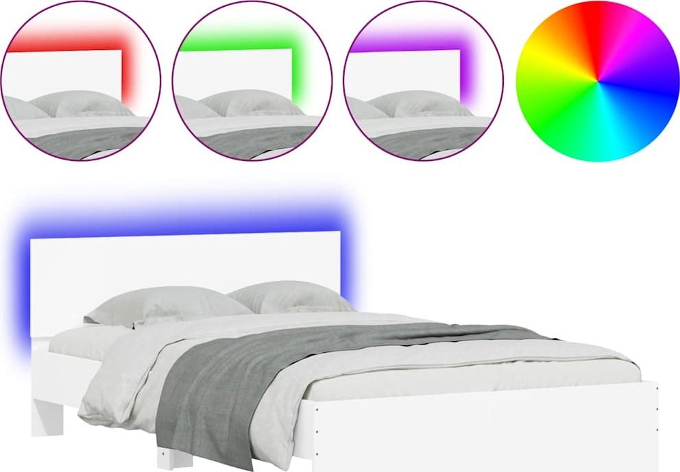Rama łóżka z wezgłowiem i LED, biała, 120x200 cm
