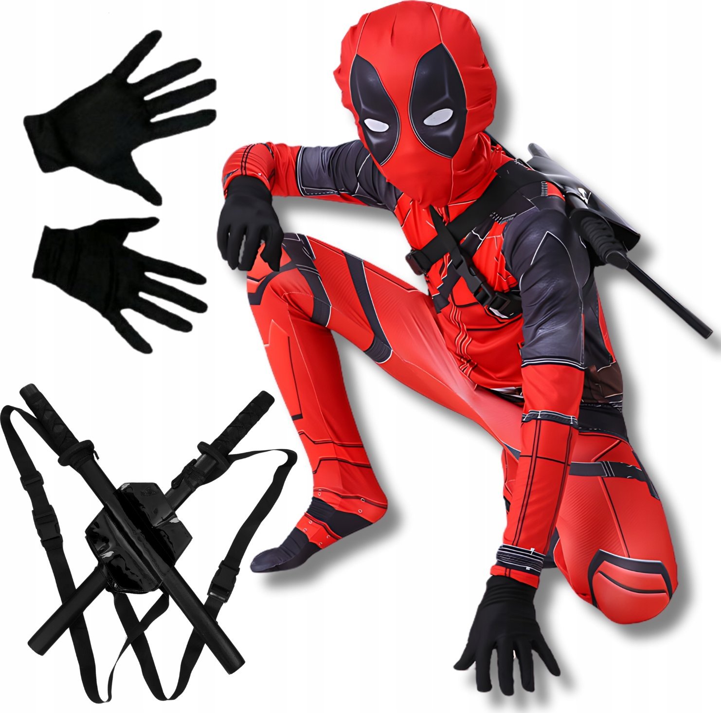 KOSTIUM DEADPOOL ZESTAW 2 MIECZE DLA DZIECI PRZEBRANIE DEADPOOLA STRÓJ 130