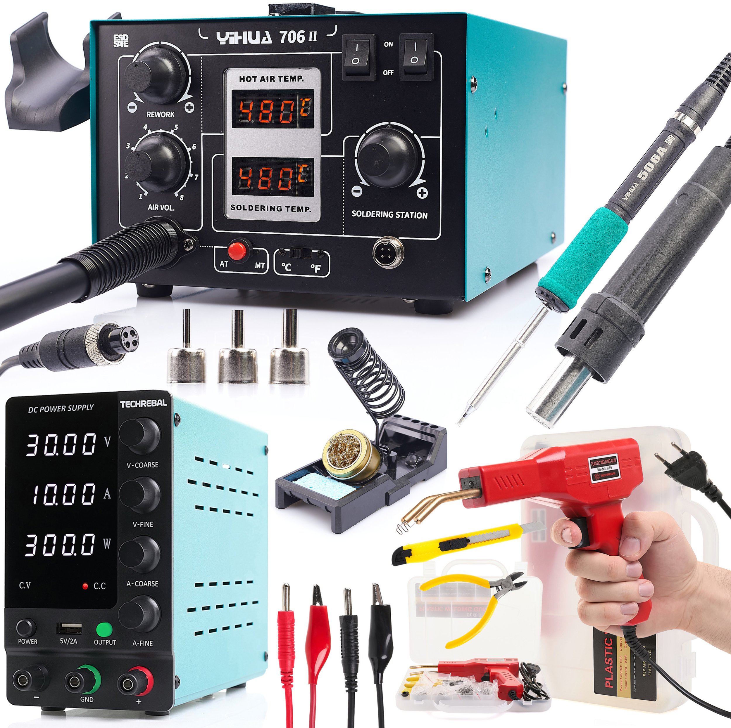 Stacja Lutownicza Hot Air Lutownica 706 II Zszywacz Zszywki Zasilacz 30V 5A