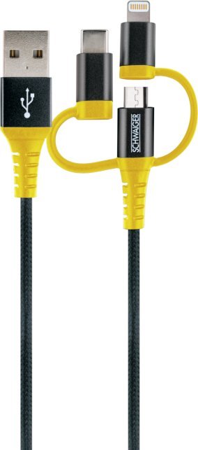 Kabel USB Schwaiger USB-A - USB-C + microUSB + Lightning 1.2 m Czarno-żółty (WKUU310511)