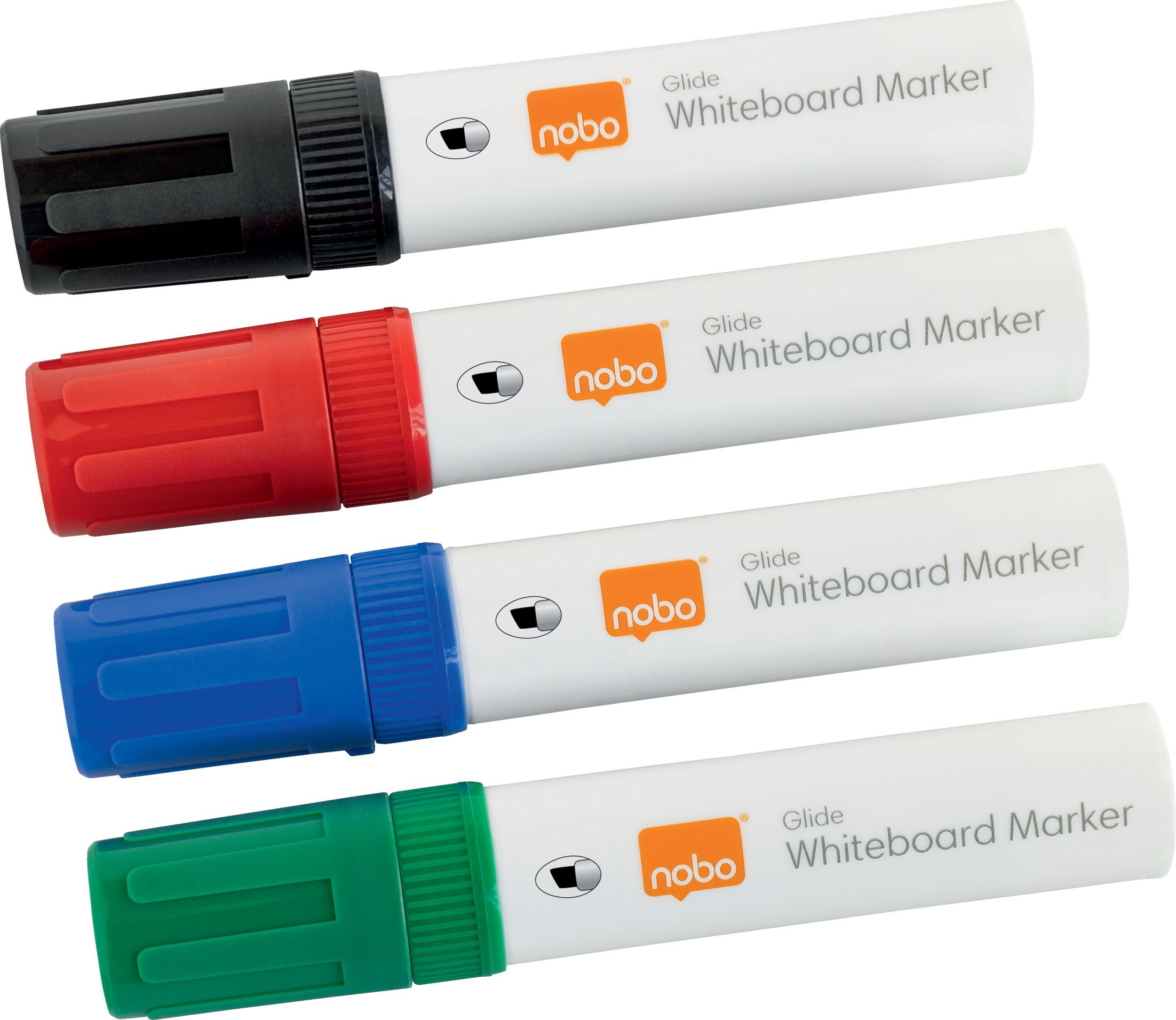 Nobo Glide whiteboard marker bred skrå spids 10 mm hurtigttørrende blæk, pakke/4 stk. Assorteret