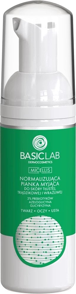 BASICLAB_Micellis normalizująca pianka myjąca do skóry tłustej, trądzikowej i wrażliwej 2% Prebiotyków, Azeloglicyna, Glicyryzyna 50ml