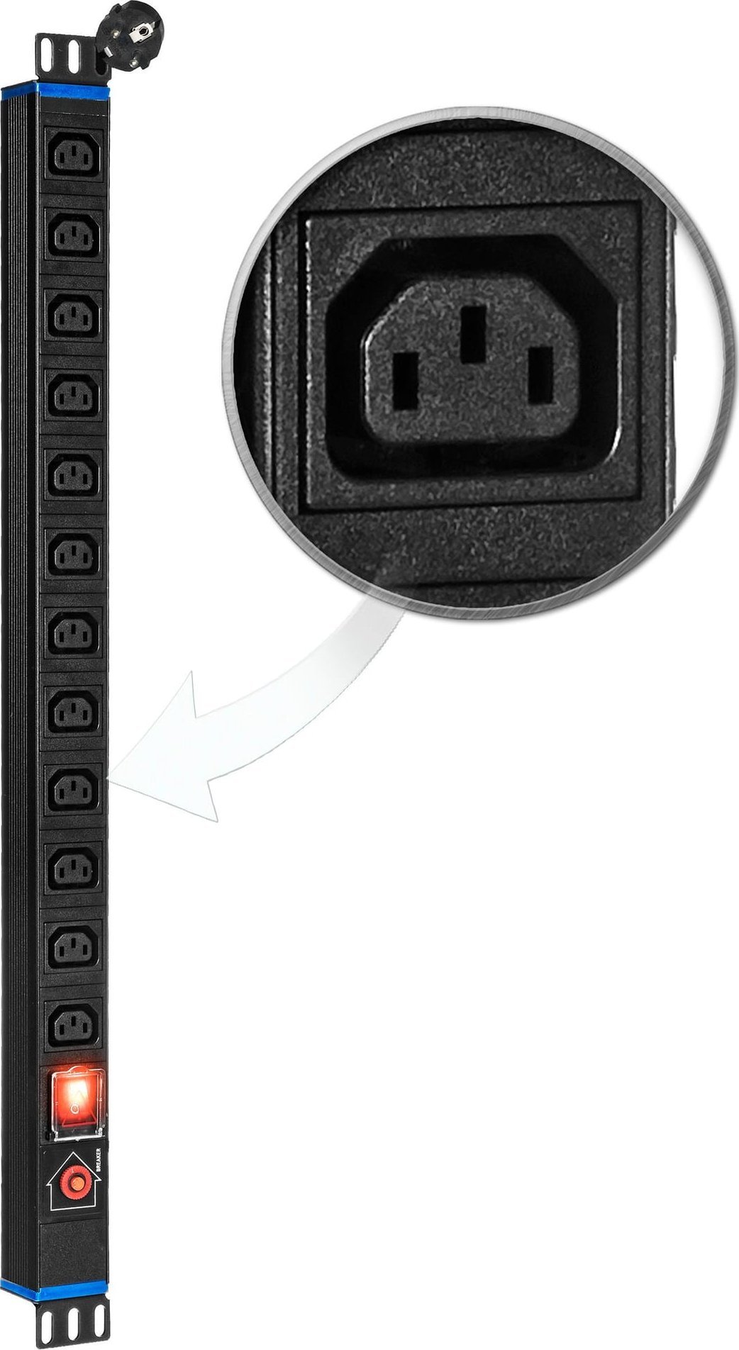 RACK Systems 12GN-UPS-V - pionowa listwa zasilająca z włącznikiem oraz zabezpieczeniem przeciwprzepięciowym (SPD) - 12 gniazd C13