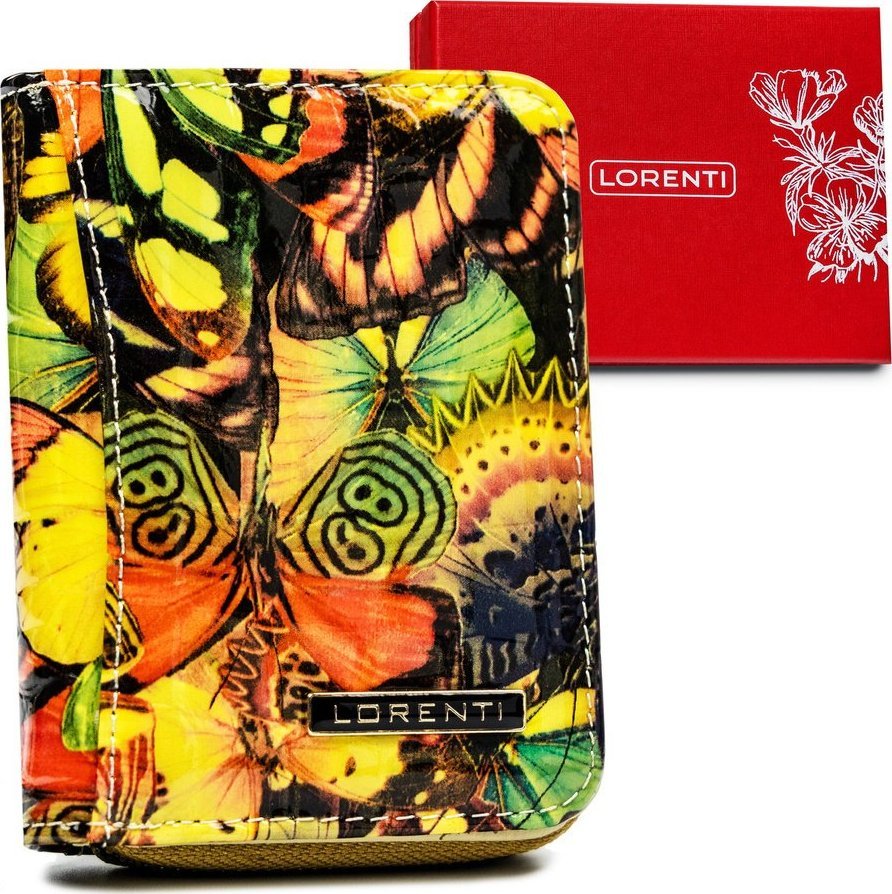 Lorenti MAŁY, SKÓRZANY PORTFEL DAMSKI ZE WZOREM MOTYLI LORENTI