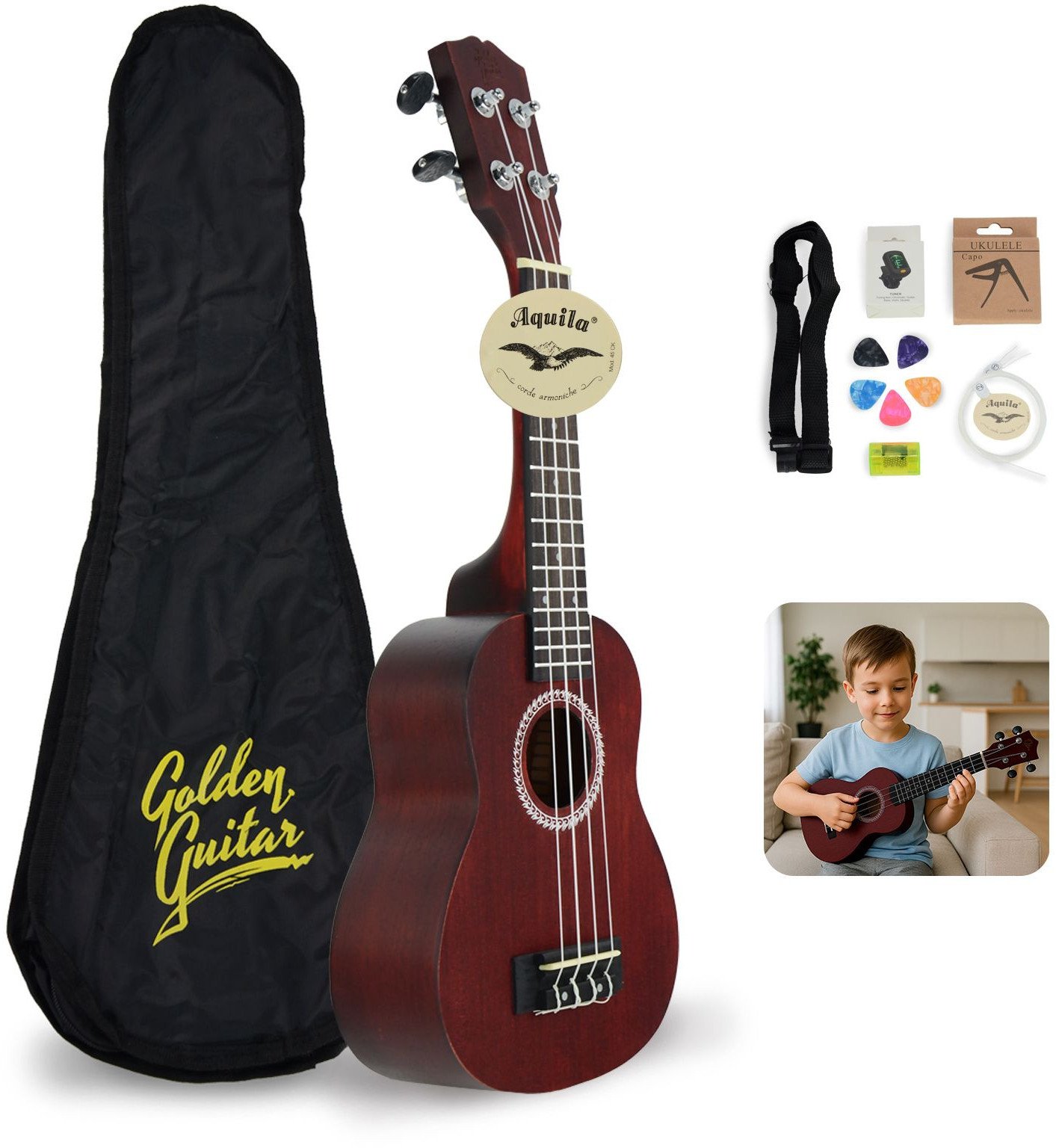 Zestaw: Ukulele sopranowe 21" HRF21 czerwone+ akcesoria Golden Guitar one size