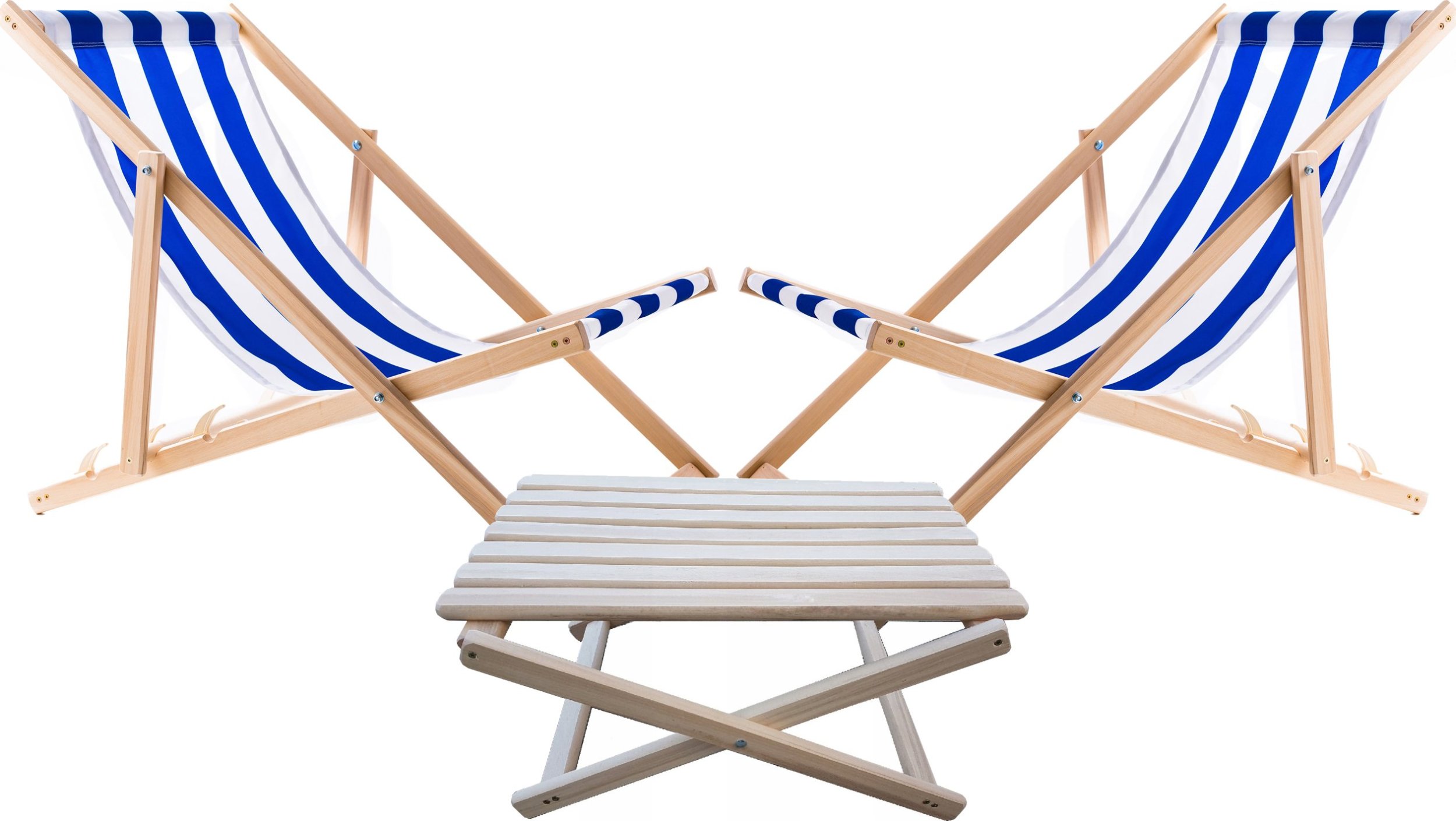 2X LEŻAK PLAŻOWY OGRODOWY DREWNIANY WOODOK w niebieskie pasy + STOLIK KAWOWY SKŁADANY