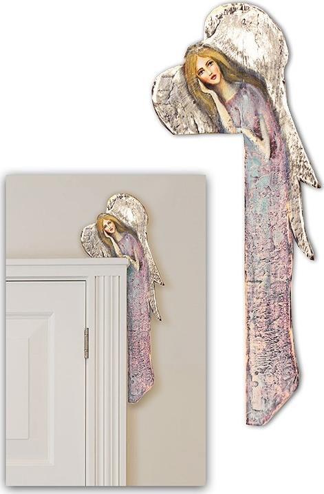 ART-POL Anioł do powieszenia nad drzwi malowany drewniany 70x22cm przytulony fioletowy