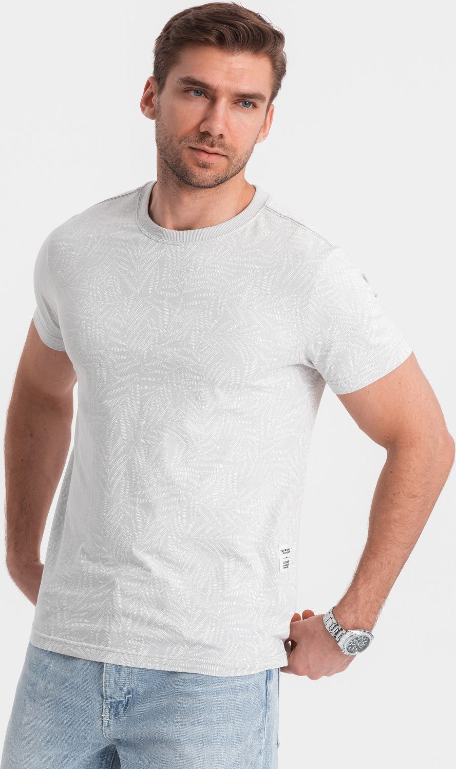 Ombre Męski t-shirt fullprint w liście palmy - szary V2 OM-TSFP-0182 L