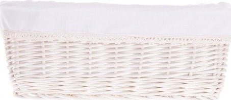 WickerPL Pojemnik wiklinowy wybielany obszyty białą tkaniną z koronką 38x28 H20 cm