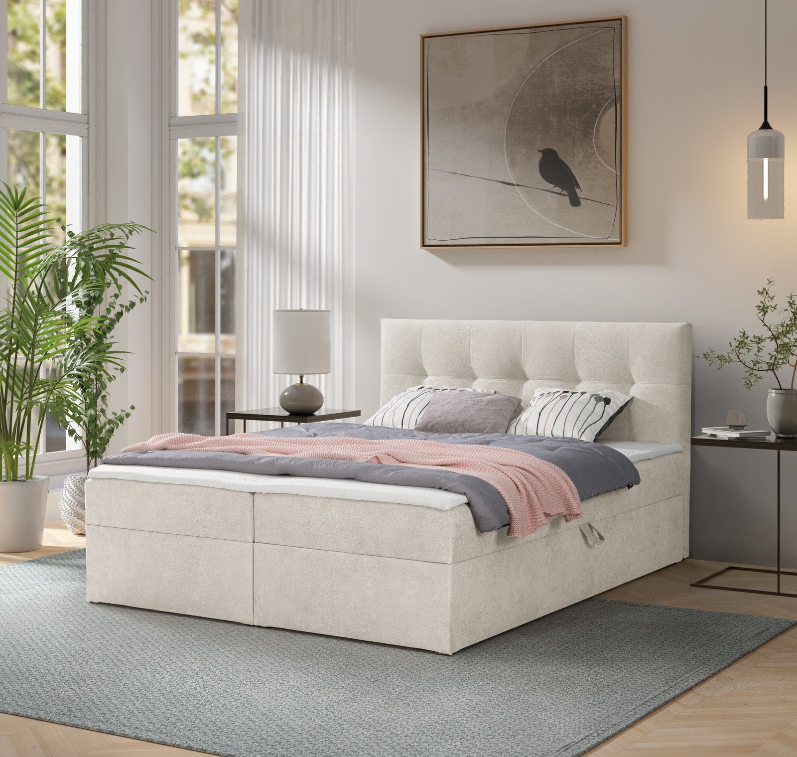 Łóżko kontynentalne Toronto 140200 (Gerra 10 - Kremowy) z materacem bonell i topperem