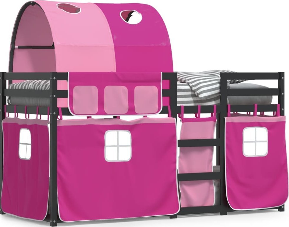 vidaXL vidaXL Łóżko piętrowe z zasłonkami, różowe, 90x200 cm, drewno sosnowe