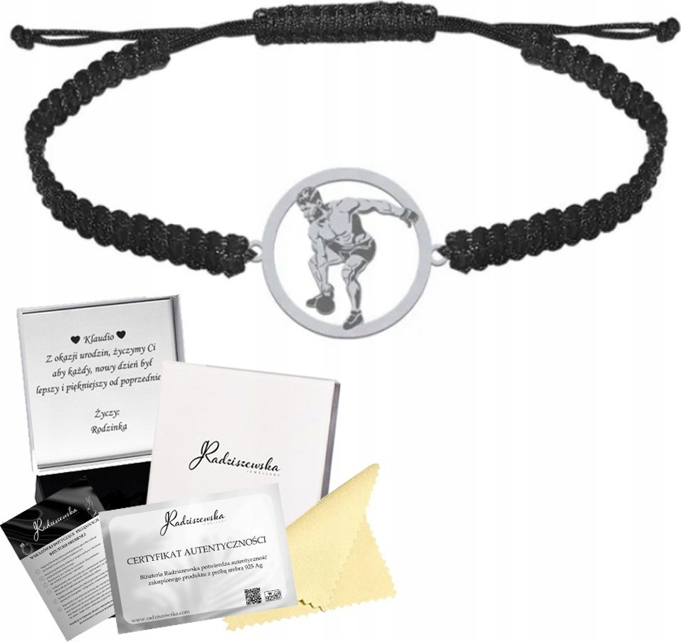 Radziszewska Jewellery Męska Bransoleta Srebrna Kettlebell CrossFit Sznurek Prezent 925 GRAWER