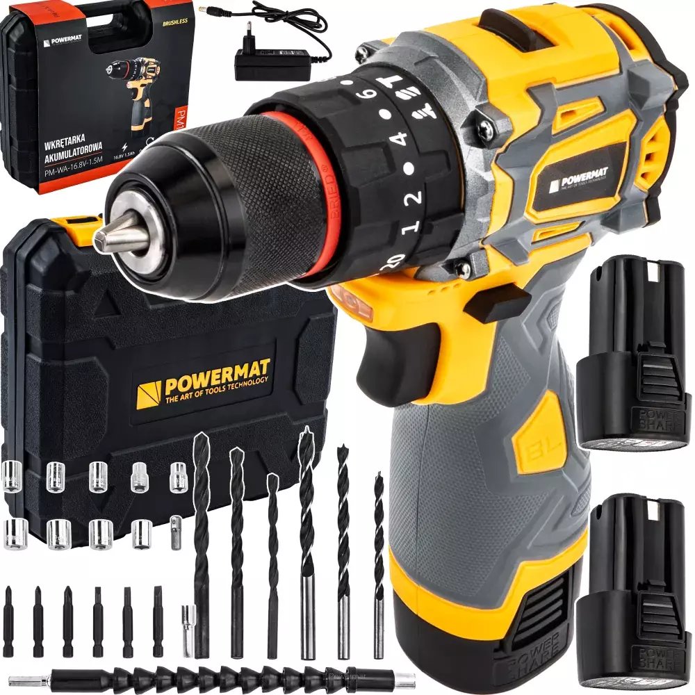 WIERTARKO WKRĘTARKA AKUMULATOROWA BEZSZCZOTKOWA UDAR 16.8V LED 2xAKU + BITY
