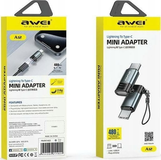 Adapter USB Awei AWEI Adapter A12 Lightning/USB-C szare /grey