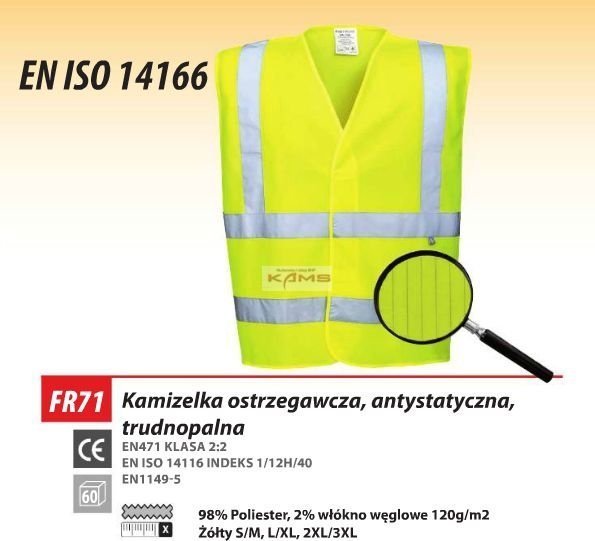 Portwest FR71 KAMIZELKA OSTRZEGAWCZA, ANTYSTATYCZNA, TRUDNOPALNA - żółty S/M