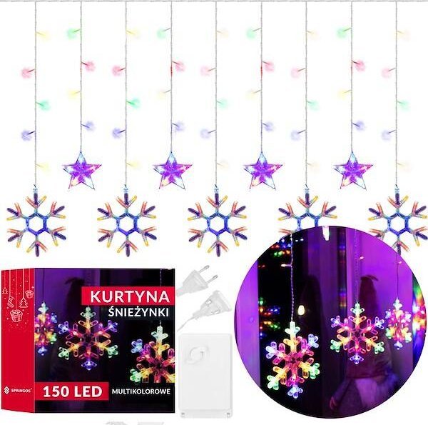 Springos Kurtyna świetlna 150 Led gwiazdki lampki wewnętrzne sople multikolor UNIWERSALNY