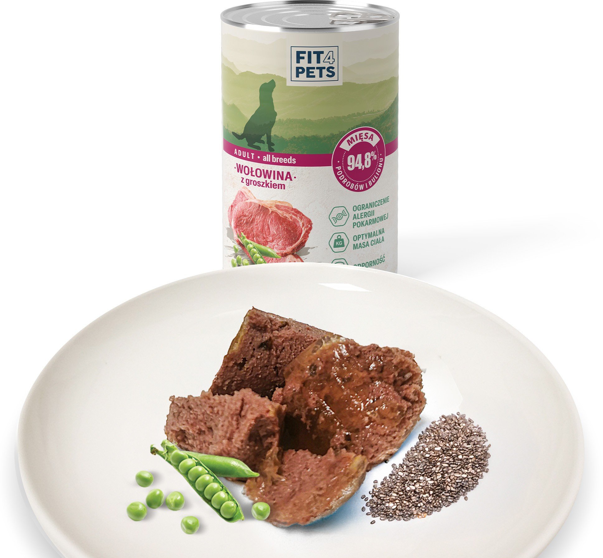 Fit4Pets Karma pełnoporcjowa dla psów dorosłych MIX 12 puszek wołowina x 4, kurczak x 4, wieprzowina x 4