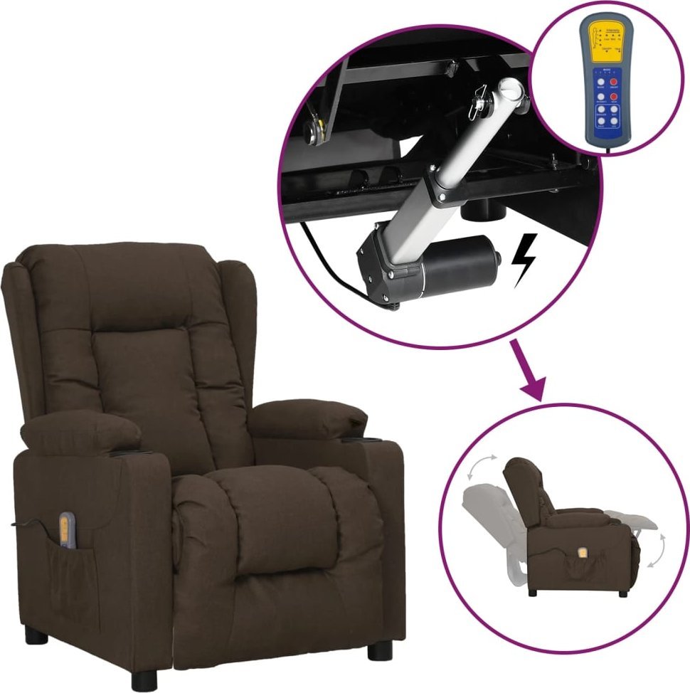 vidaXL vidaXL Rozkładany fotel masujący, podnoszony, ciemnobrązowy, tkanina