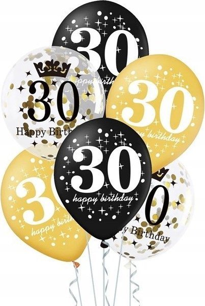 Balony na 30 URODZINY z konfetti ZŁOTE CZARNE 6szt