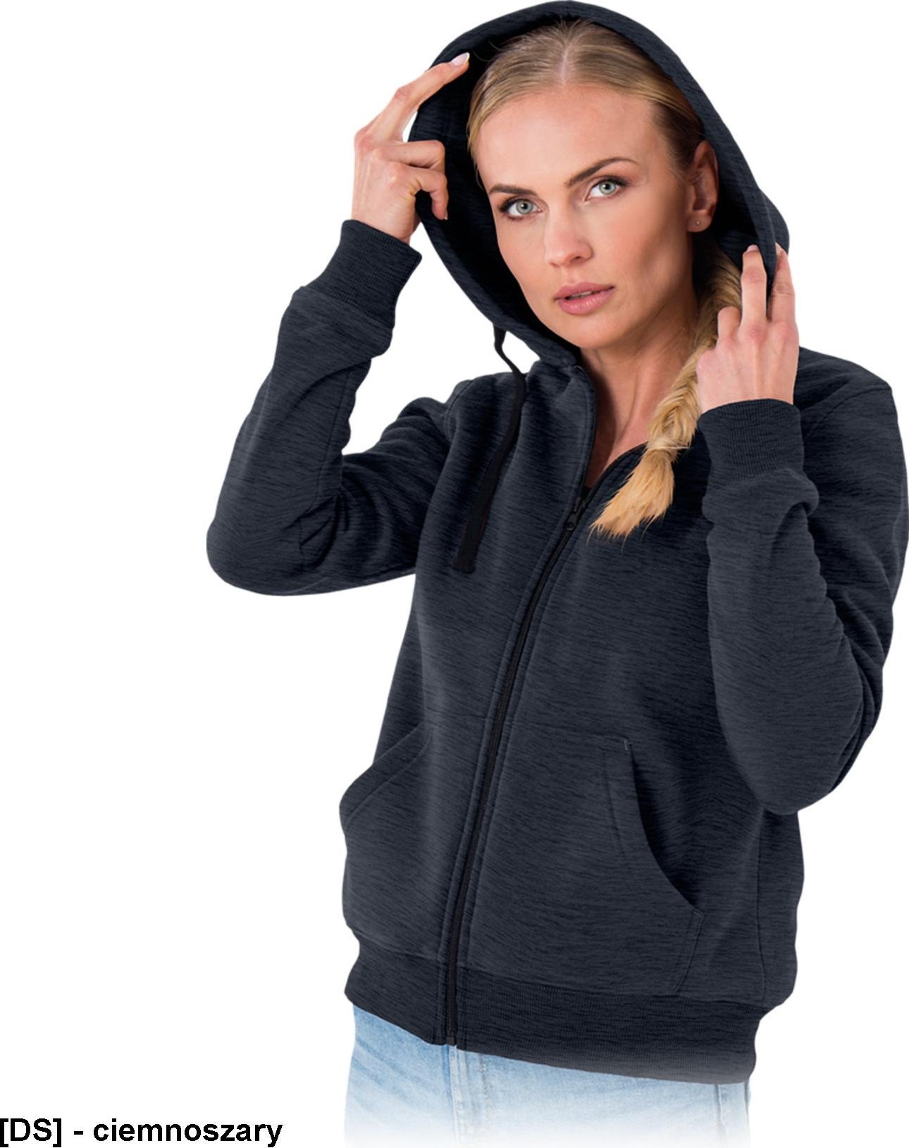 R.E.I.S. MALVA - bluza damska, zapięcie suwak, kaptur ściągany troczki, dwie kieszenie, dół rękawy ściągacz, 100% poliester 220 g/m2 - ciemnoszary S