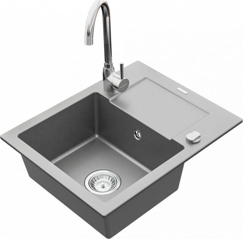 Zlewozmywak Mexen Enzo granitowy 1-komorowy z ociekaczem i baterią kuchenną Telma, biały - 6506-71-670200-00