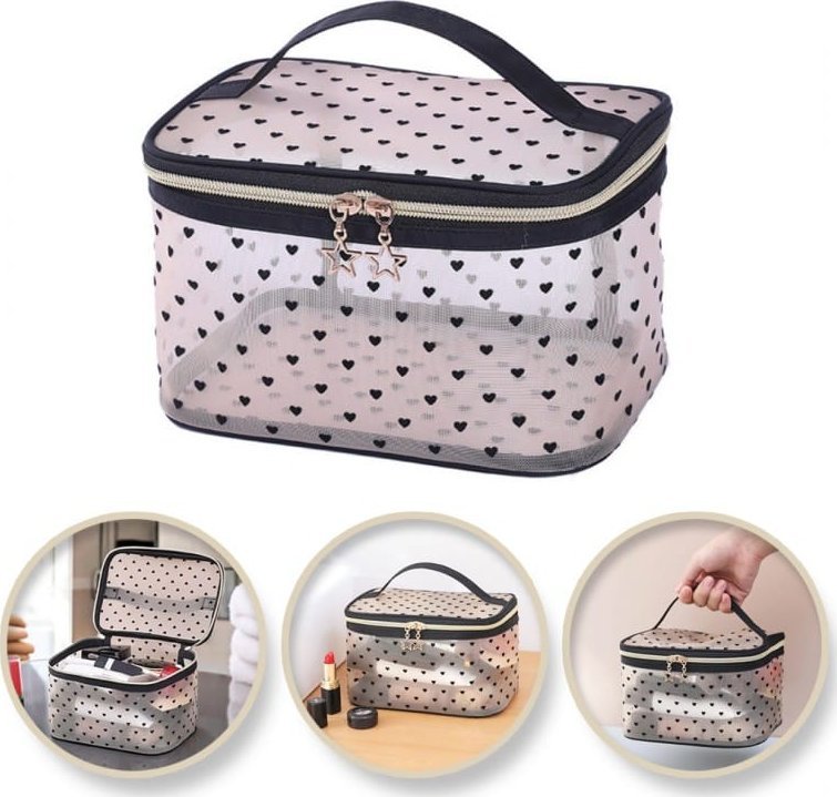 Kosmetyczka damska kuferek transparentna czarne serca 13cm x 21cm KS125