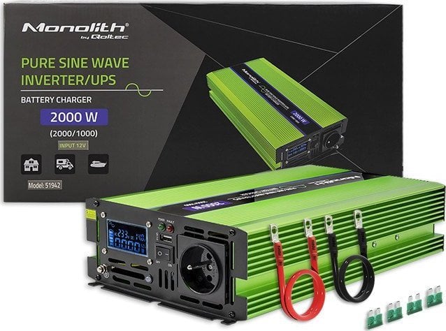 Przetwornica Qoltec Przetwornica napięcia Monolith | ładowanie baterii | UPS | 1000W | 2000W | 12V na 230V | Czysty Sinus | LCD