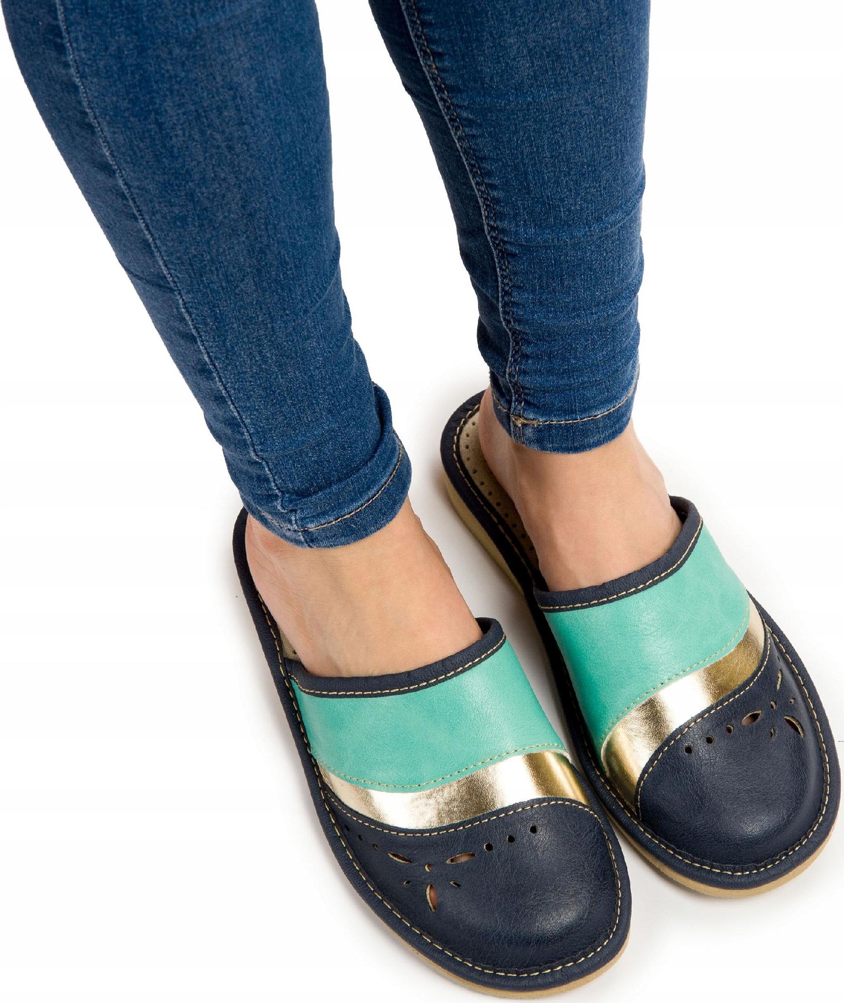 NOWO MIĘTOWE PASKI Pantofle Skórzane Damskie KAPCIE