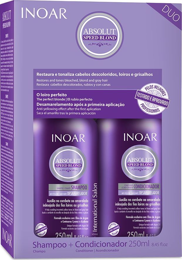Inoar Geltonus tonus šalinantis plaukų priežiūros rinkinys INOAR Speed Blond Duo Kit: šampūnas 250 ml + kondicionierius 250 ml