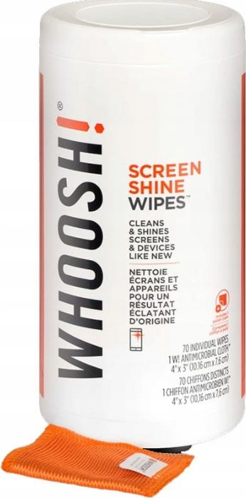 Whoosh Zestaw chusteczek nawilżanych i ściereczka do czyszczenia ekranów 70 szt.
