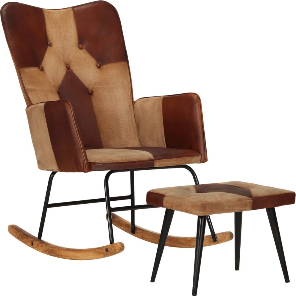 vidaXL vidaXL Fotel bujany z podnóżkiem, brązowy, skóra naturalna i płótno