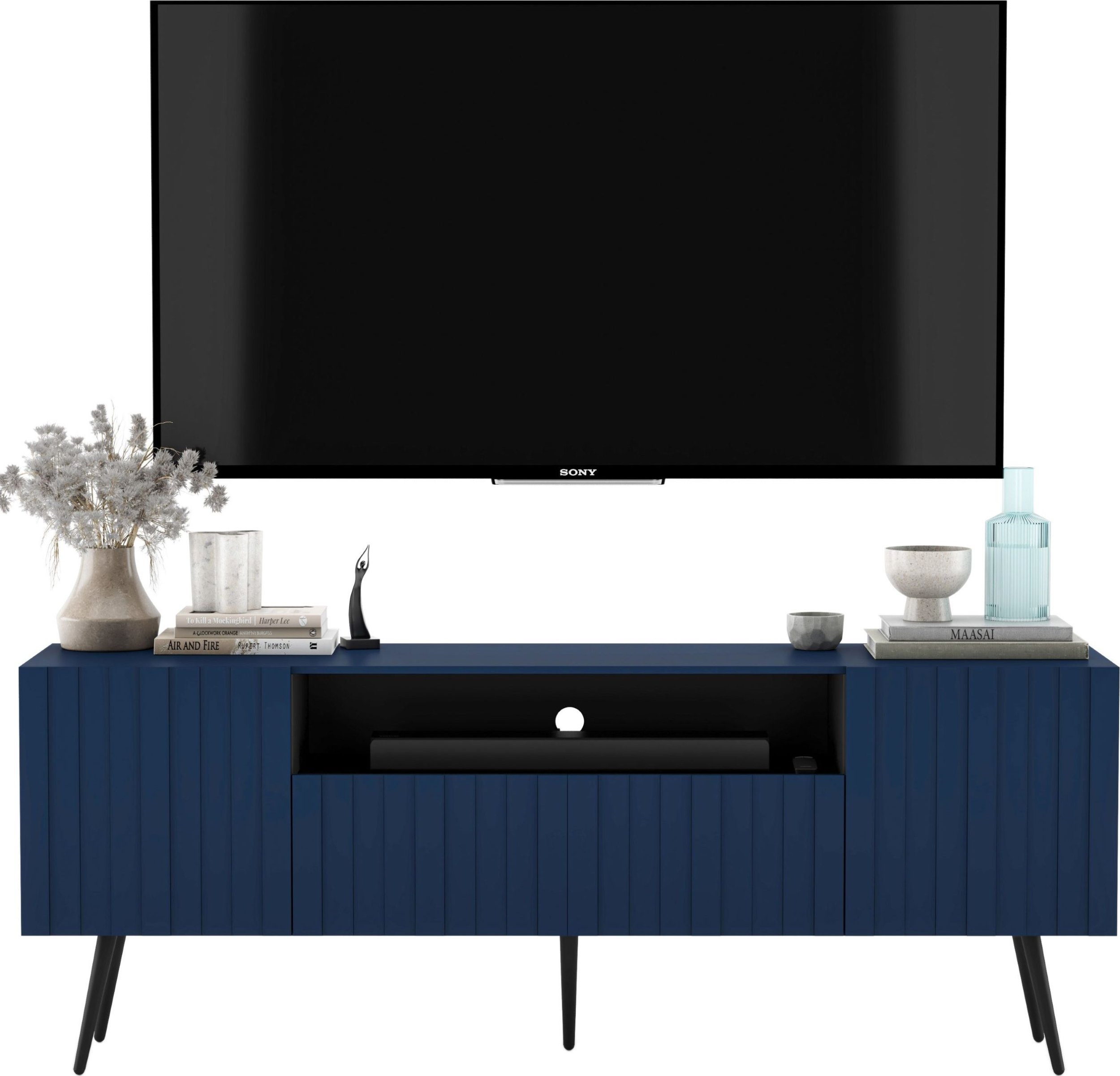 Meble Lindner Meble Lindner Loft Szafka RTV Granatowy Mat Nowoczesna Komoda RTV Glamour 150 cm Ryflowane fronty Nogi Czarne Metalowe