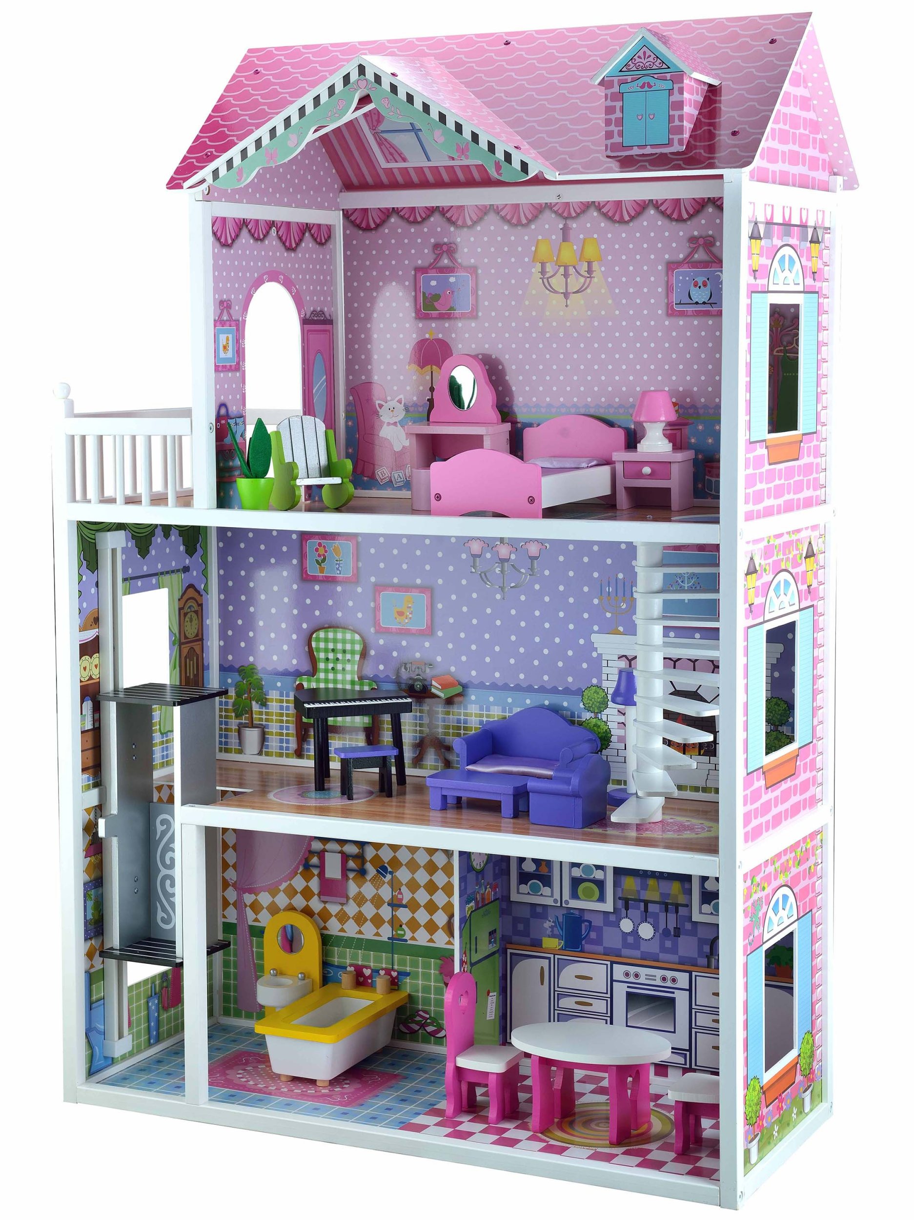 Drewniany domek dla lalek Julia z windą, balkonem i akcesoriami