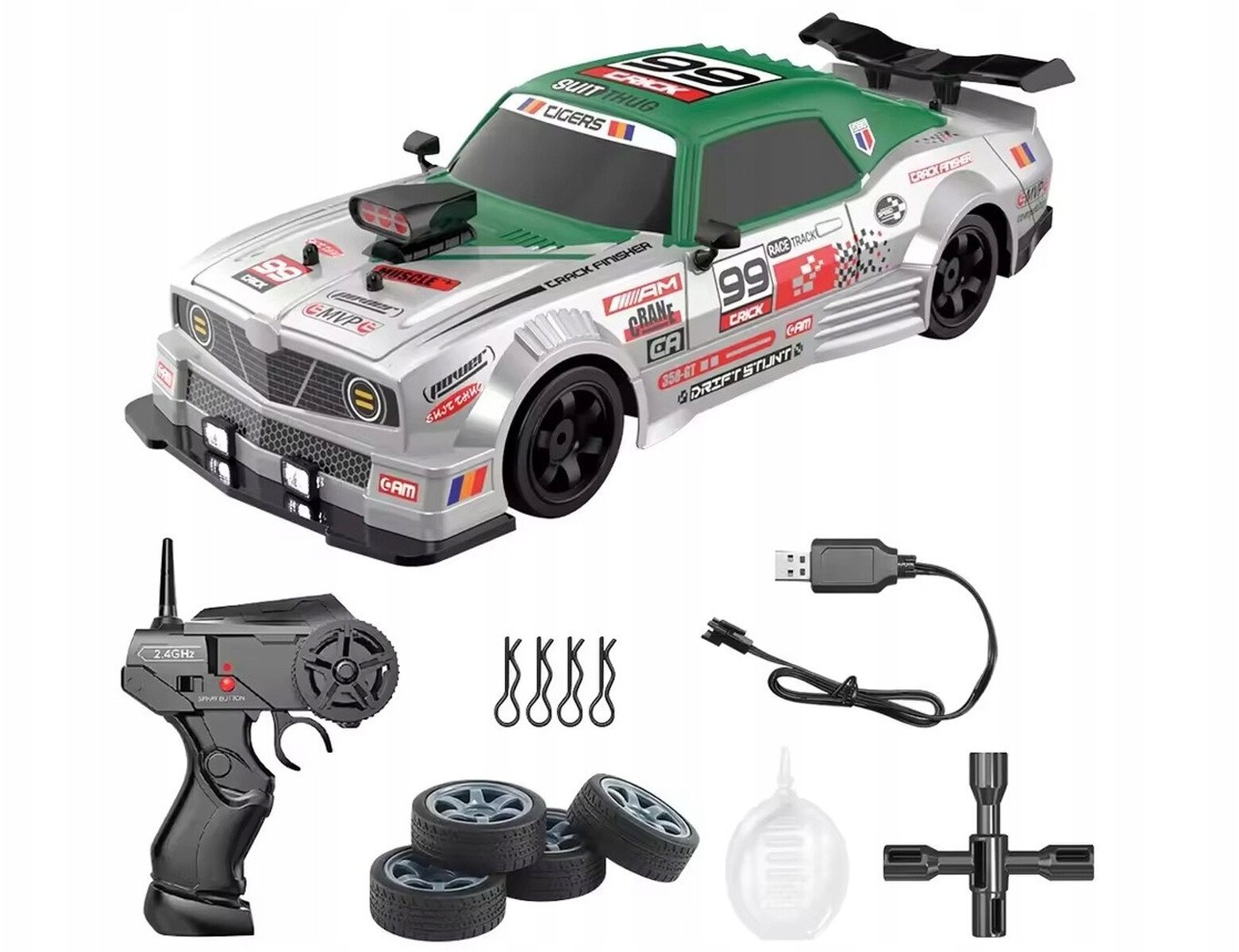 DUŻY Samochód Do Driftu Auto RC Drift 1:16 2,4 GHz PARA DYM Srebrny Dodge 4WD LED