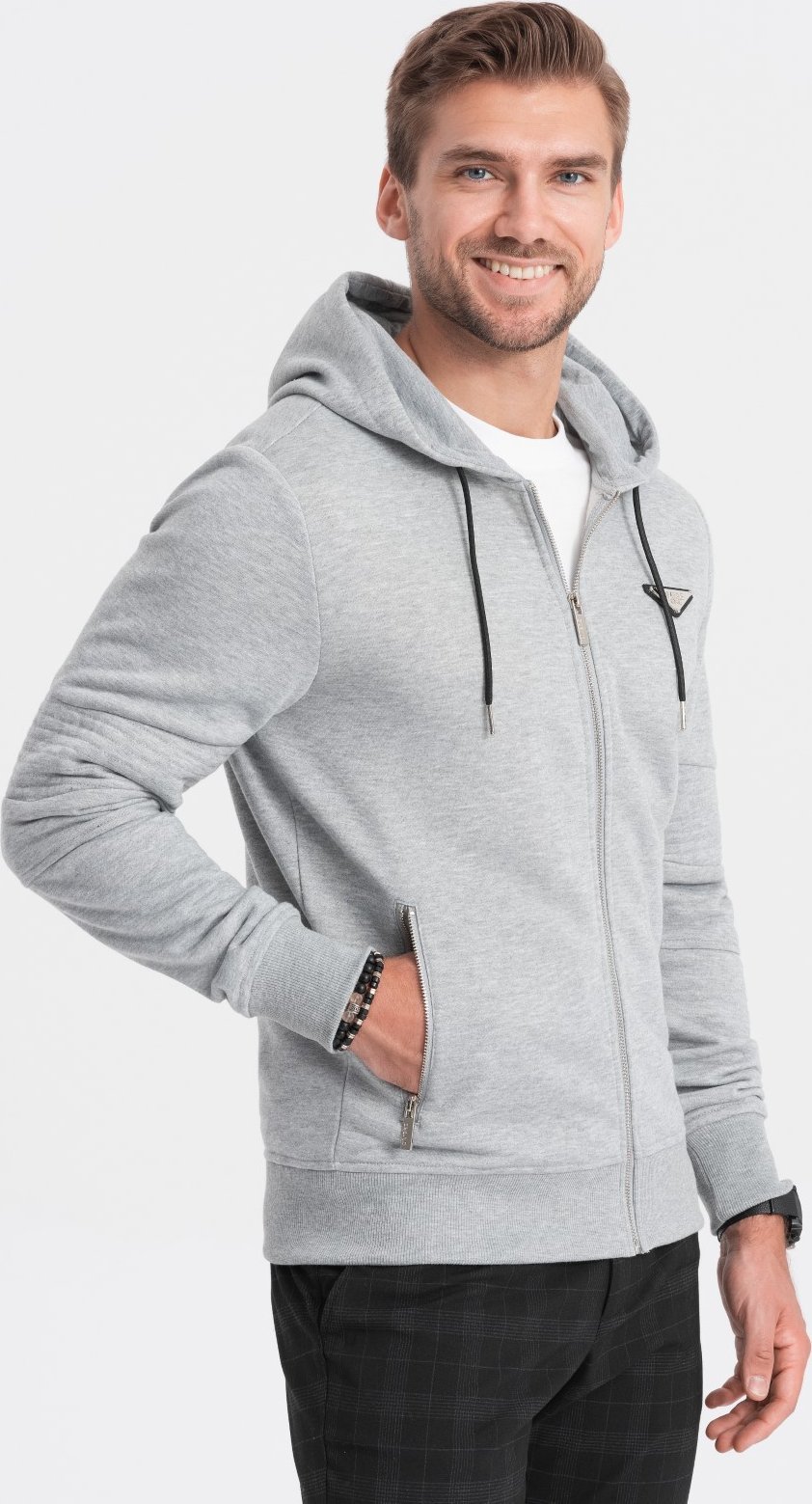 Ombre Bluza męska rozpinana z kapturem - szary melanż V2 OM-SSZP-22SS-010 S
