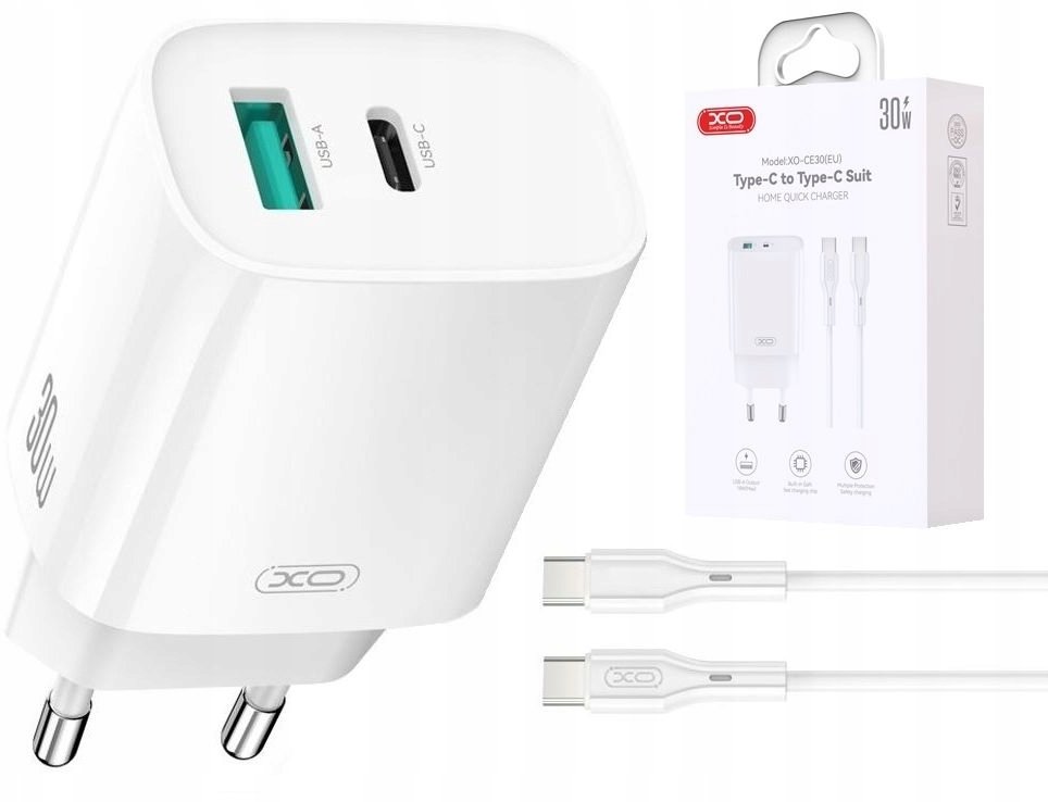 XO ładowarka sieciowa CE30 PD 30W 1x USB-C 1x USB biała + kabel USB-C - USB-C