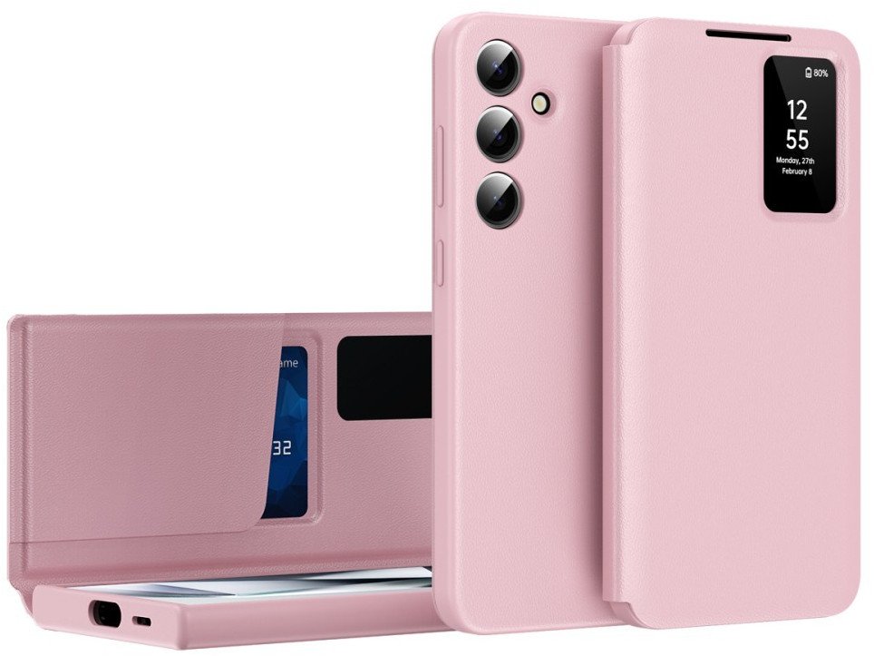 Etui z klapką Smart View do Galaxy S25, skórzane, różowe