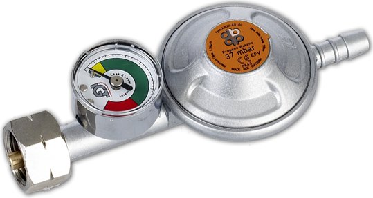 Bradas Reduktor gazowy 37mbar 1.5kg/h z zaworem bezpieczeństwa i manometrem na wąż 9-10mm (RG A310IE-M)
