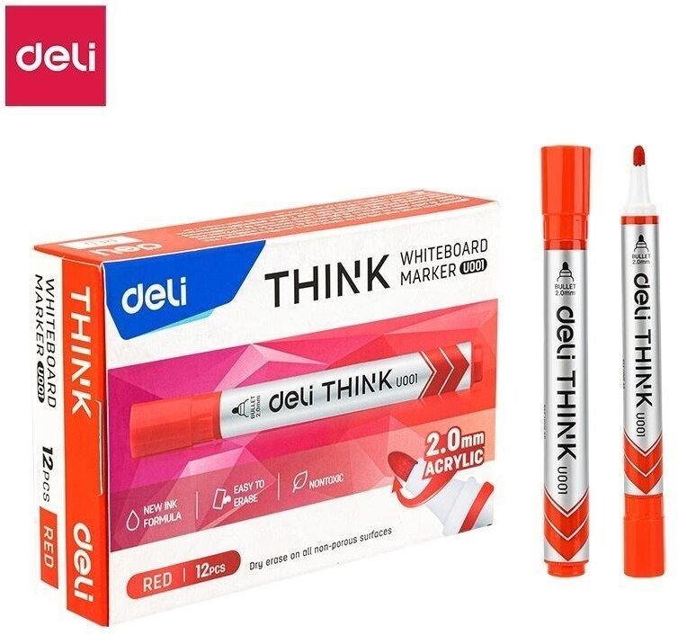 Deli Marker suchościeralny okrągły 2,0mm czerwony (12szt)