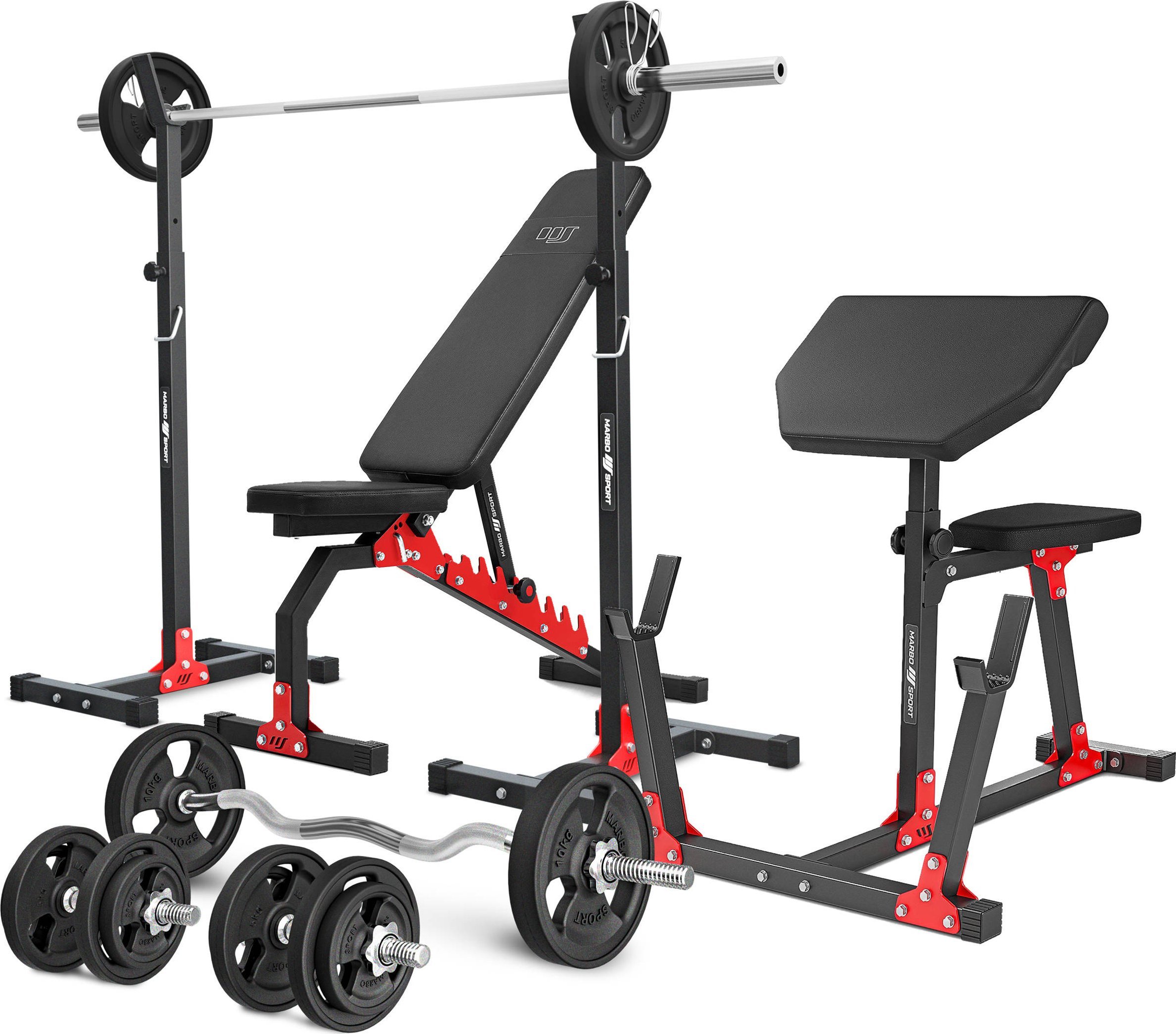 Zestaw MH9_121KG_KIER_G | Ławka dwustronna + stojaki regulowane + ławka scotta + zestaw gryfów i obciążeń gumowanych - Marbo Sport