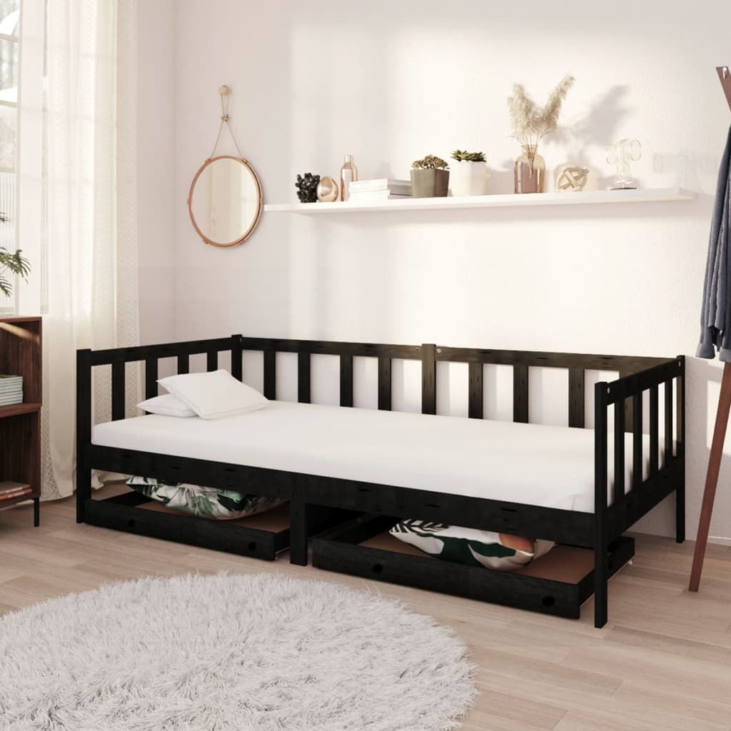 vidaXL Łóżko dzienne z szufladami, 90x200 cm, czarne, drewno sosnowe