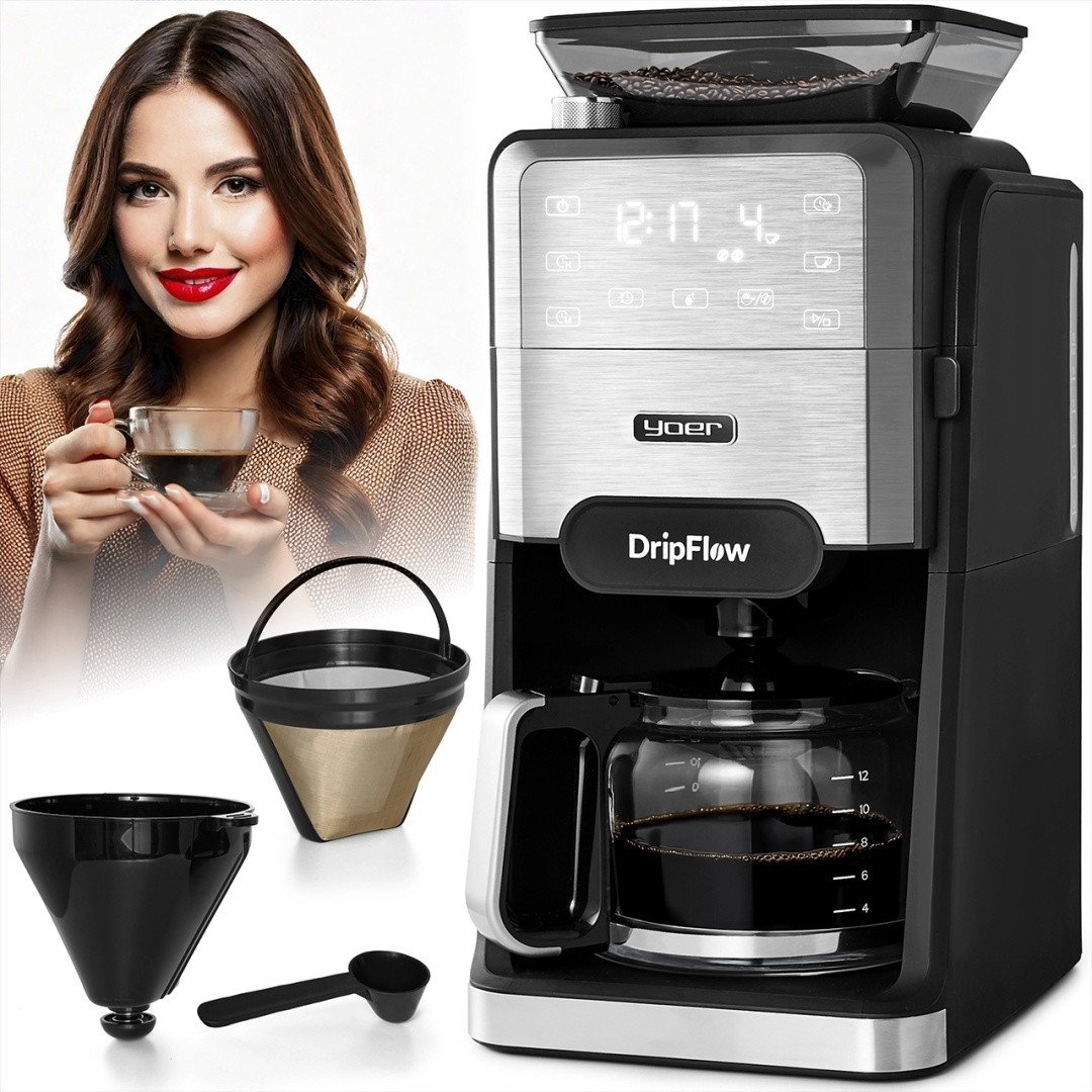 PRZELEWOWY Ekspres do kawy z MŁYNKIEM Żarnowym AUTOMATYCZNY +DZBANEK 12 kaw - Yoer DripFlow CMG03BK - DARMOWA DOSTAWA