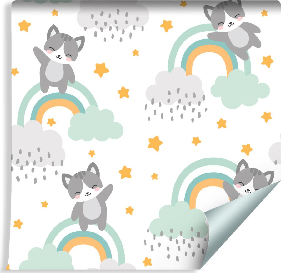 Muralo Tapeta Dla Dzieci - Kotki, Chmurki, Gwiazdki
