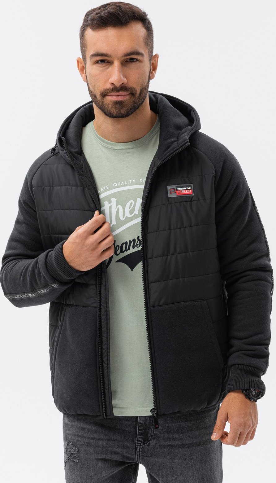 Ombre Kurtka męska z łączonych tkanin - V1 czarna C601 M