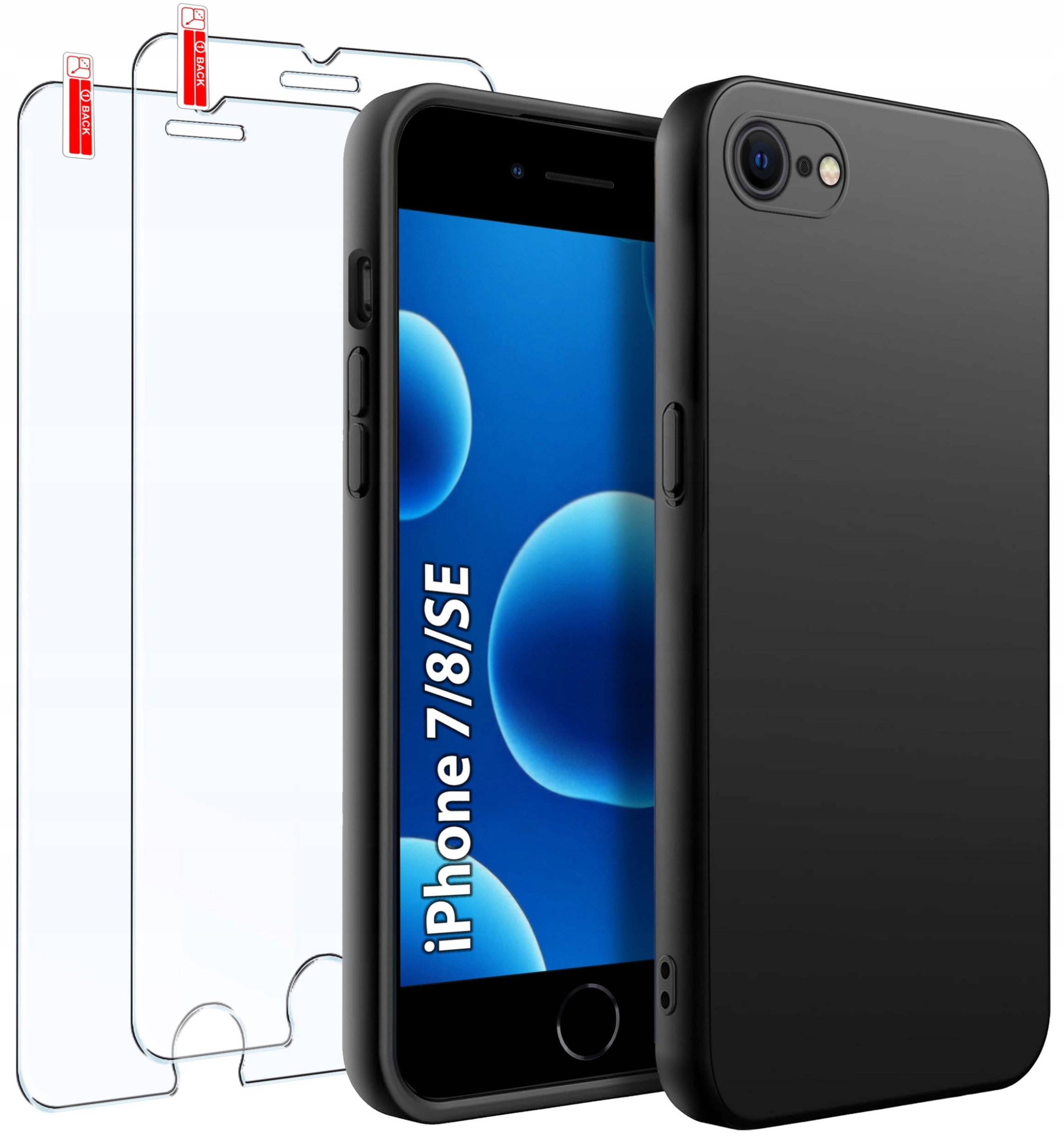 ZESTAW Etui do iPhone 7 | 8| SE | Matowe Czarne Silikon Slim 2 SZTUKI SZKŁO