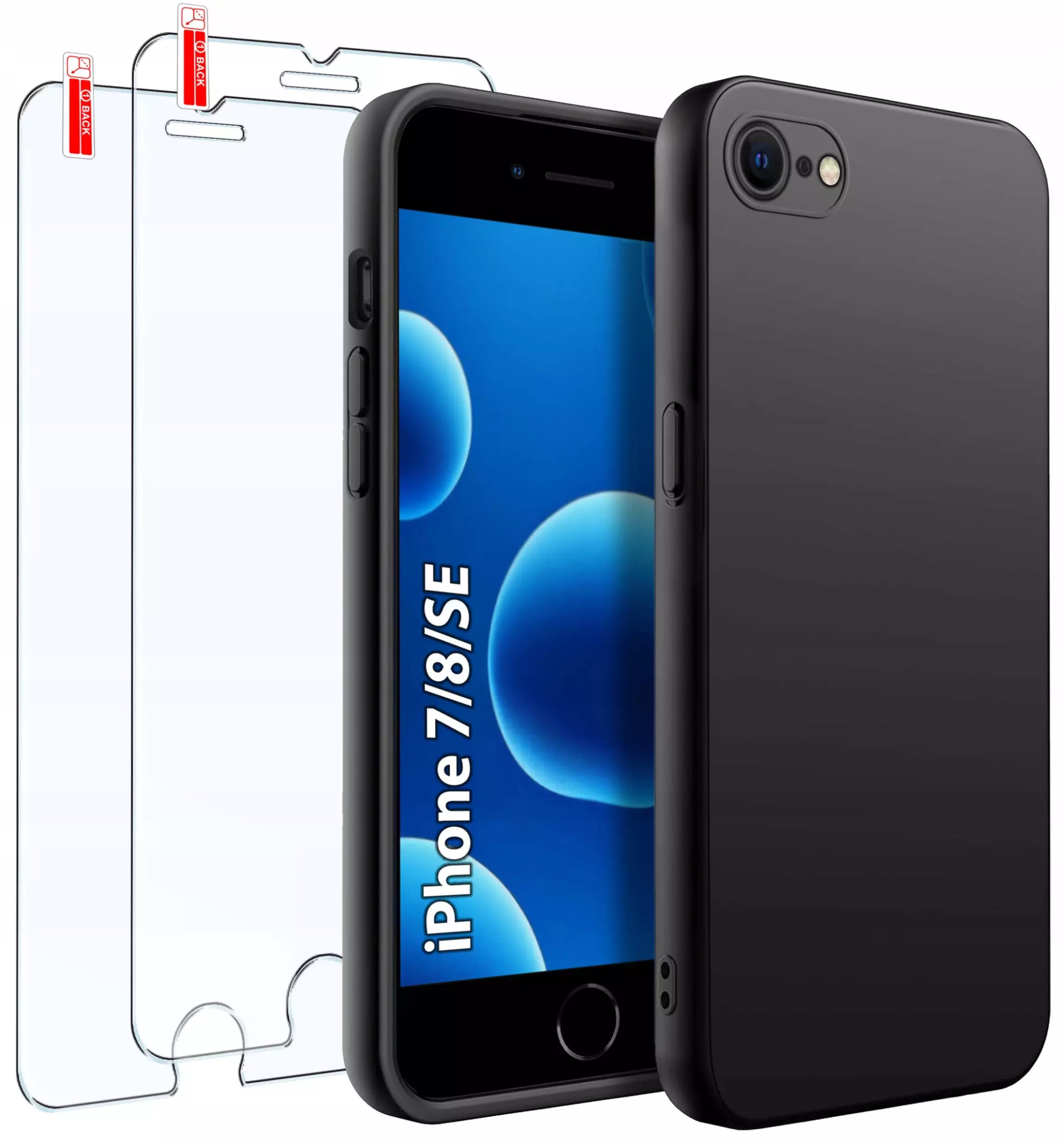 ZESTAW Etui do iPhone 7 | 8| SE | Matowe Czarne Silikon Slim 2 SZTUKI SZKŁO