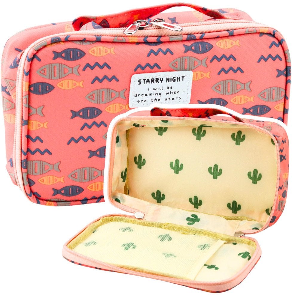 Piórnik Szkolny Organizer Kosmetyczka Dodatkowa Kieszonka Ryby Różowy 22,5cm LEAN